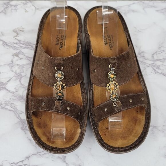 NAOT Brown Suede Slides with Tiger's Eye Faux Gems Accent Women's Euro 40 - Picture 2 of 10